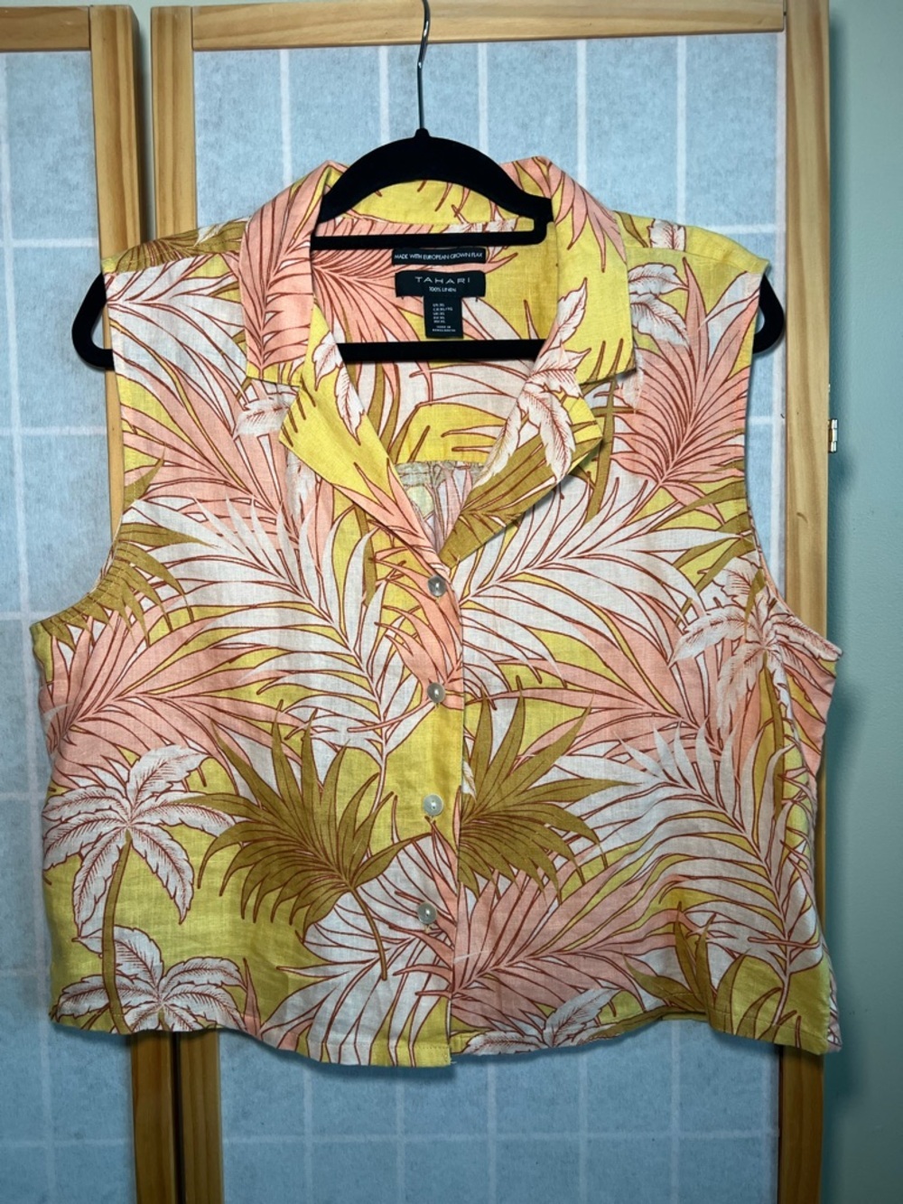 Tahari 100% Linen Tropical Palm Print Sleeveless Button Front Top XL